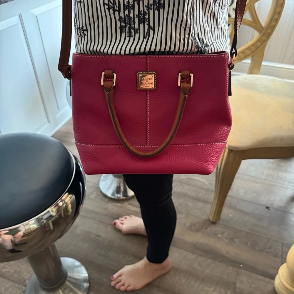 Dooney & Bourke Fuchsia Pebbled Leather Satchel with Brown Trim